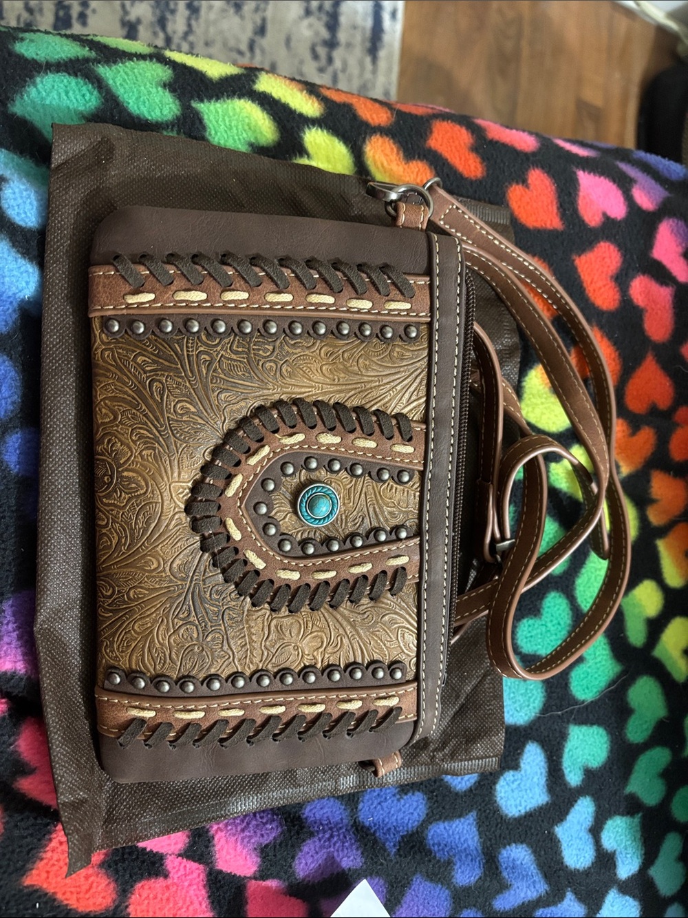 Wrangler Brown Tooled Crossbody with Turquoise Accent
